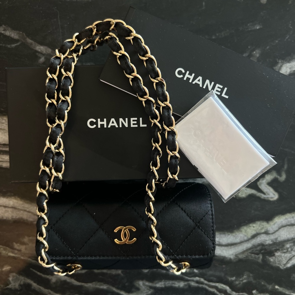 Chanel Vintage 90s Black Satin Quilted Barrel Gold Chain Mini Purse